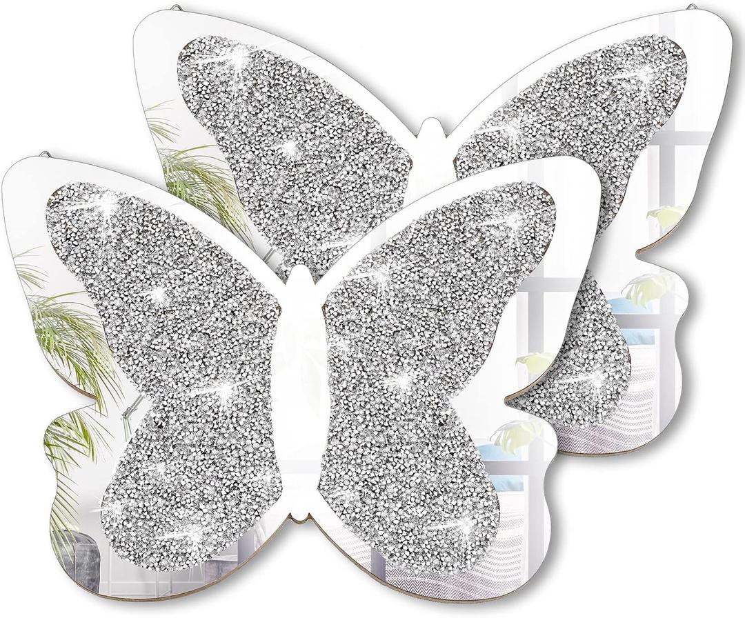 Vesici 2 Pieces Butterfly Shaped Mirror Crystal Crushed Diamond Silver Mirror Silver Wall Decor for Living Room Modern Decorative Artwork for Nursery Wedding Decor(11.8 x 8.8 Inch)
