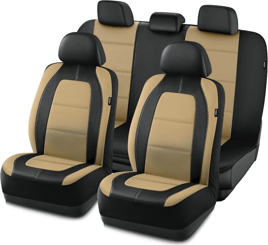 Road Comforts Car Seat Cover, Leather Full Set Car Seat Cover, Automotive Front Rear Seat Covers, Airbag Compatible Universal Fit for Most Cars (Beige)