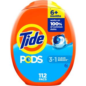 Tide PODS laundry detergent pacs, 3-in-1 Stain Remover, Odor Fighter, Color Protector, 112 Count, HE compatible, Clean Breeze Scent