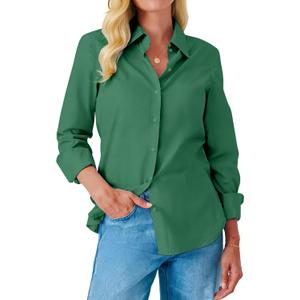 Button Down Shirts for Women Dress Shirt Long Sleeve Wrinkle Free Collared Blouse Work Business Office Solid Tops (Green, XXL)