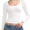 PUMIEY Long Sleeve Shirts for Women Scoop Neck Slim Fit Going Out Tops Double Lined Basic Tee, Splashed White Small