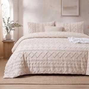 Tranqun 3 Pcs Twin XL Size Boho Duvet Cover Set Tufted Cream Bedding, Vintage Embroidery Jacquard Textured Soft Breathable All Season Bedding for Modern Farmhouse Bedroom Decor
