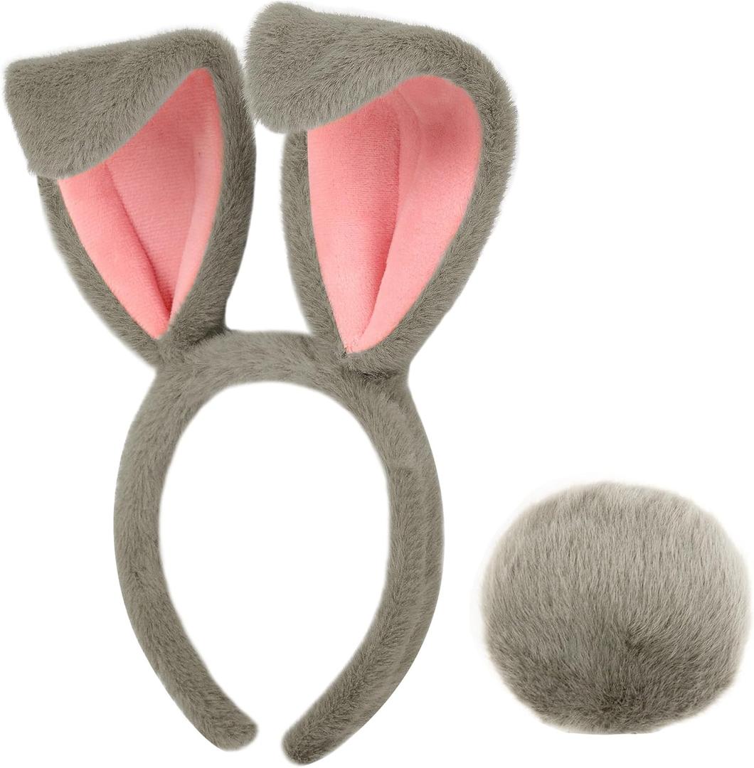 Parma77 Easter Bunny Ears Headband and Tail Set, Grey Plush Rabbit Ears Headband Women Costume Accessories Set, Halloween Cosplay Hairbands for Adults