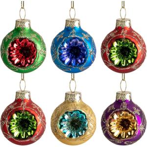 6 Pcs Christmas Reflector Ball Ornament, 1.6'' Hanging Glass Multicolored Reflector Decoration for Vintage Christmas Tree Decor & Party Flower Arrangement