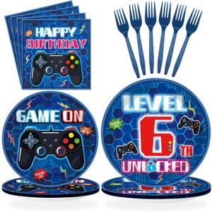 96 Pcs 6th Video Game Birthday Party Decorations Blue Video Game Level 6 Birthday Plates and Napkins Tableware Sets for Kids Boys 6 Years Old Gamer Gaming Party Supplies Favors Serves 24