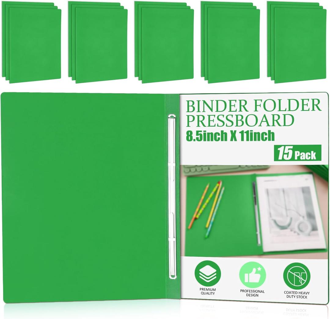 Zhanmai 15 Packs 8.5'' x 11'' Pressboard Report Covers, Metal Prong Fastener with Compressor, Letter Size, 3'' Capacity, Presentation Report Folder to Neatly Bind Reports, Proposals, Documents (Green)