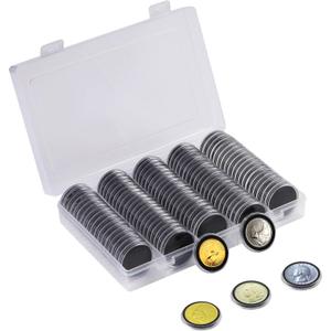 100Pcs 30mm Coin Holders with 5-Size Foam Gasket, Plastic Coin Capsules for Collectors, Clear Coin Case with Storage Organizer Box for Coin Collection Supplies, Black Gasket 17/20/25/27/30mm