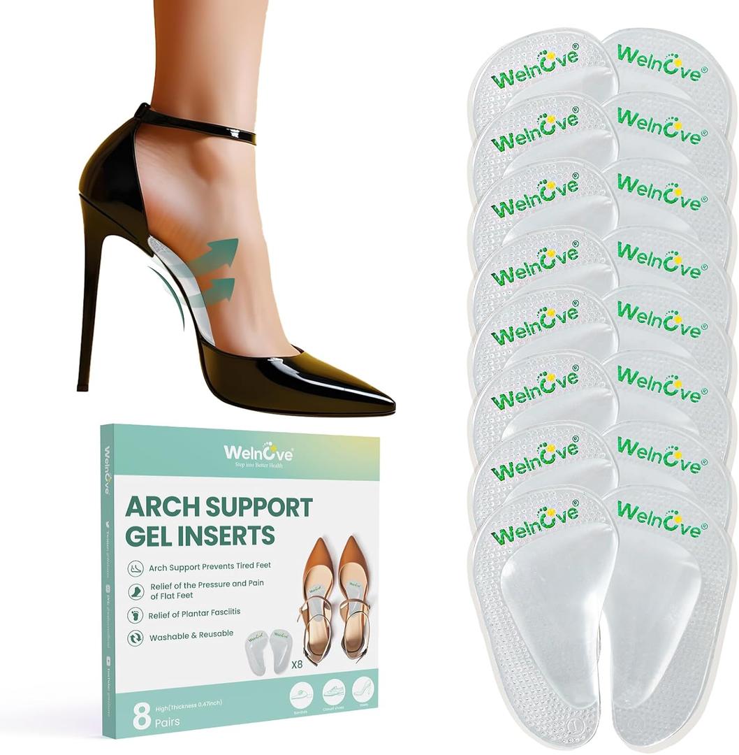 Arch Support Inserts Flat Feet - Welnove 8-Pair Gel Arch Support Insoles for Plantar Fasciitis, Foot Pain Fatigue Relief - Soft Heel Pads Adhesive Fit Most Shoes, Men Women, 0.47" Height (Clear)