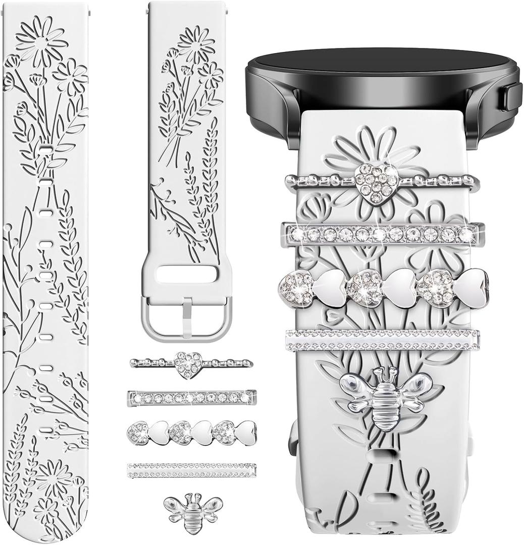 Wildflower Engraved Bands Compatible with Samsung Galaxy Watch 7 FE 6 4 5 Band 40mm 44mm, Galaxy Active 2, 20mm Soft Silicone Replacement Strap with Cute Decorative Charms Rings Accessories for Women