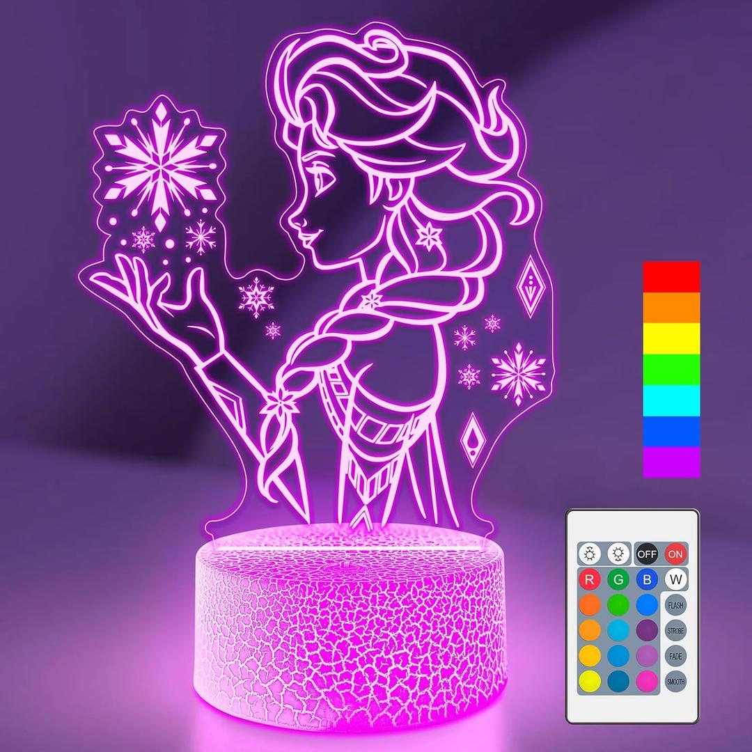 Cute Night Light for Kids, 16 Colors Change Princess Decor Lamp with Remote, Dim for Girls Bedroom 3D Illusion LED Night Lights, Ideal Gifts for Girls Christmas Birthday Party Room Decoration (Elsa)