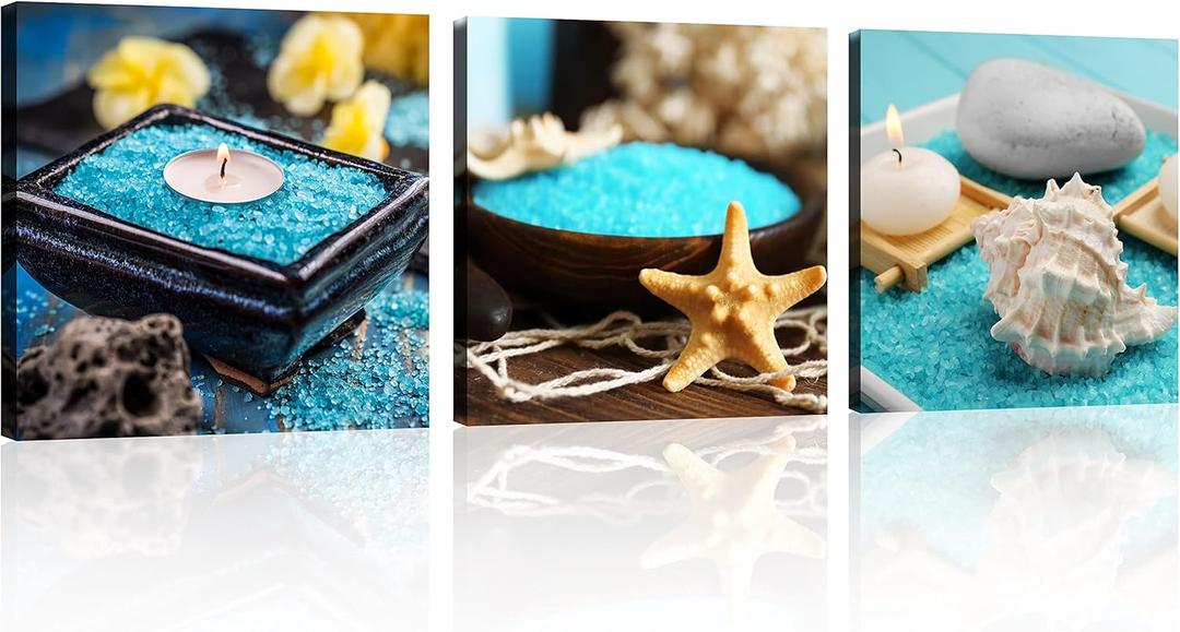 TutuBeer Wall Art Spa Still Life with Blue Zen Wall Art Spa Canvas Wall Art Zen Spa Pictures Print on Canvas for Bathroom Bedroom Spa Room Decor Stretched and Framed 3 Panels Each Panel 20x20inch