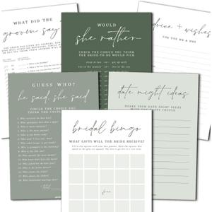 GardenCity Bridal Shower Games  Set of 6 Fun Bridal Shower Games for 25 Guests, DoubleSided Cards, Sage Green