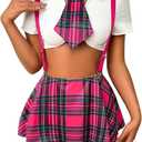 ShawGobow 5 Piece Cosplay Costumes For Women,Halloween Lingerie Outfits,Tie Crop Top & Plaid Skirt Set (Pink, S)