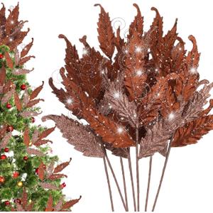 HyDren 10 Pcs Christmas Glitter Leaves Large Ornaments for Christmas Tree Picks Sprays Artificial Stems Branches Twigs Sprigs Floral for Xmas Tree Wreath Garland Vase DIY Decor(Brown)