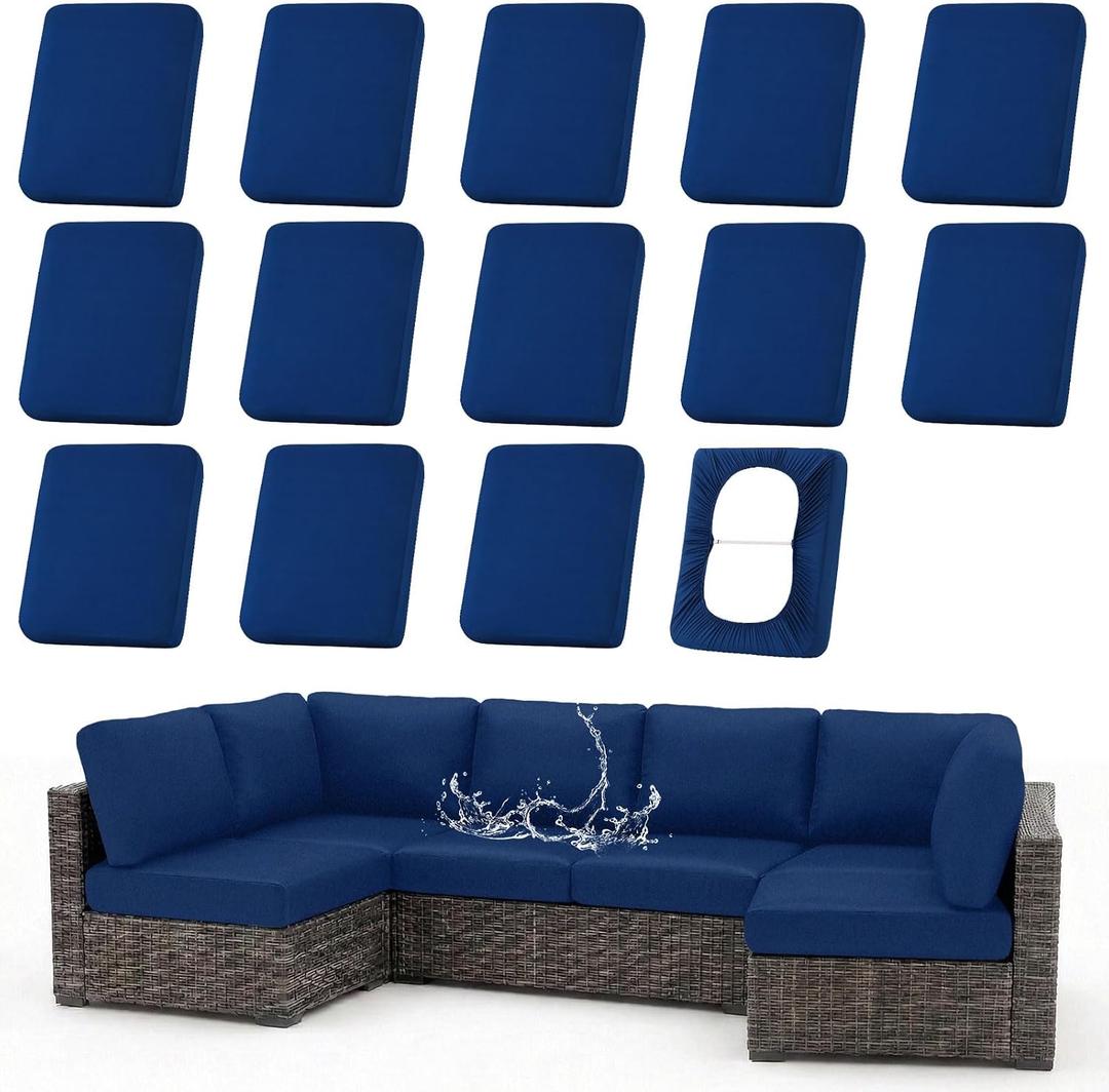 hyha Waterproof Outdoor Cushion Covers for Patio Furniture, Stretch Patio Chair Cushion Slipcovers, Coated UV Resistant Replacement Seat Covers, Solid Color (Navy, 14PC)