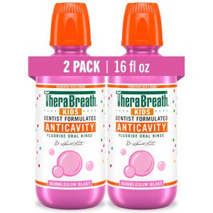 TheraBreath Kids Anticavity Fluoride Oral Rinse, Strengthens Teeth & Enamel, Alcohol Free & Dye Free, Certified Organic Bubblegum Blast Flavor, 16 Fl Oz, 2-Pack