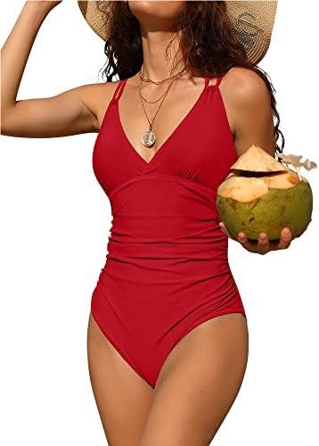 Charmo Tummy Control One Piece Swimsuits for Women Ruched Bathing Suits Strappy V Neck Monokini, Large, Red 
