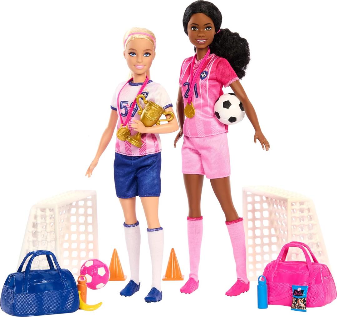Barbie Careers Playset, Soccer Player Set with 2 Fashion Dolls & 15 Accessories Including Barbie 'Brooklyn, Blonde Petite Player, 2 Nets & More