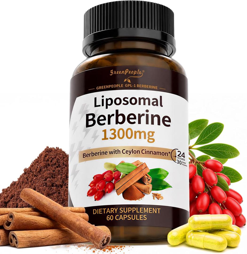 GREENPEOPLE Liposomal Berberine Supplement with Ceylon Cinnamon - Berberine HCL 1300mg 10X High Absorption - AMPK & PPAR Activator for Metabolic & Digestive & Immune Balance - Non-GMO 60 Veg Capsules