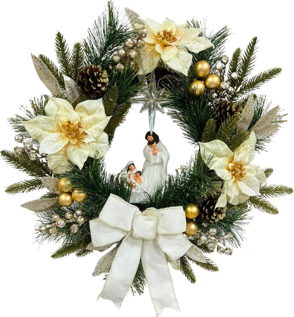 22 Inch Pre-Lit Artificial Christmas Wreath with White Artificial Poinsettia Flowers Jesus Figurine Nativity Scene Glitter Ball Ornaments PineCones Berries for Christmas Decor Front Door