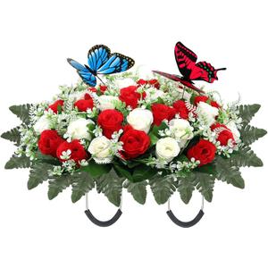 Lodou Artificial Cemetery Flowers for Grave,Large Headstone Flower Saddle Realistic Grave Flowers Memorial Silk Rose Flowers with Butterflies for Headstone Grave Decoration Non-Fading Easy Fit (Red)