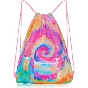 Mesh Drawstring Bag with Zipper Pocket, Beach Bag for Swimming Gear Backpack Gym Storage Bag for Adult Kids (Tie Dye)