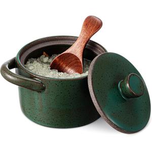 Honeydak Speckled Ceramic Salt Cellar with Lid and Wooden Spoon, Rustic Farmhouse Salt Pepper Cellar Holder for Valentines Day,Housewarming Gift, Heavyweight Spices Jar(Green,1 Set)