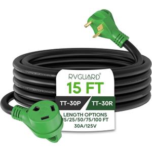 RVGUARD 30 Amp 15 Foot RV Extension Cord, Heavy Duty 10/3 Gauge STW Cord with LED Power Indicator and Cord Organizer, TT-30P/R Standard Plug, Green, ETL Listed