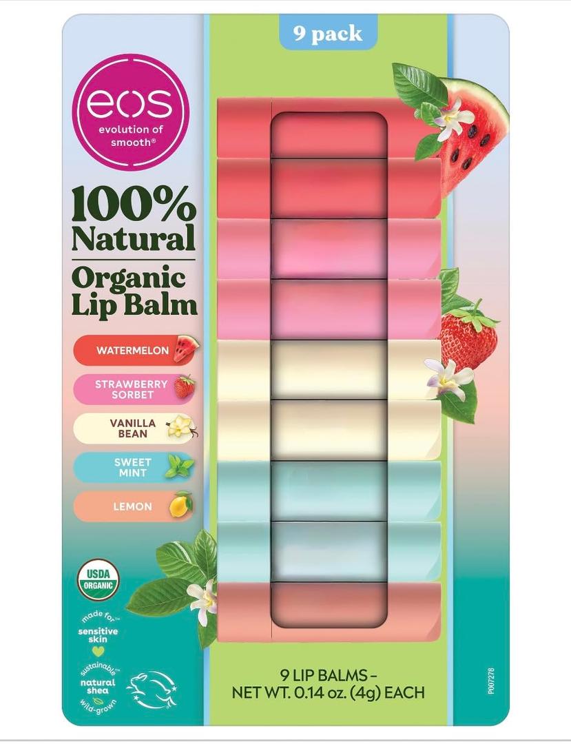Organic Lip Balm, 9 Pack, Watermelon, Strawberry Sorbet, Vanilla Bean, Sweet Mint, Lemon, USDA Certified, 0.14 oz Each