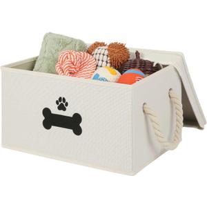 Dog Toy Basket with Lid, Dog Basket for Toys, Dog Toy Box with Cotton Rope Handles, Collapsible Storage Bins for Dog Toys, Dog Storage Organizer, Beige