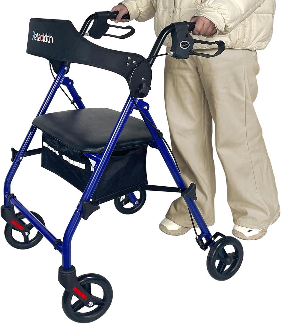 Retaoldth Rollator Walkers for Seniors with Seat, Foldable & One-Hand Carry, Upgraded Rolling Walker with Seat for Seniors, Handle Height Adjustable Walker for Seniors, Walking & Seated, Blue