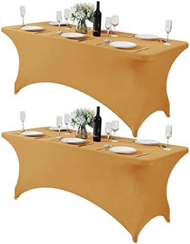 Hezuzo 2Pack Spandex Table Cover for 6Ft or 4fT or 8ft Table Universal Fitted Stretch Tablecloth for Party, Banquet, Wedding and Events-Gold