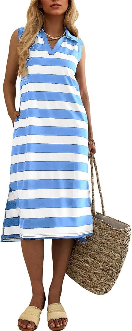 Mieazom Women's Striped Summer Dress Casual Lapel Collared V Neck Sleeveless Side Slit Midi Dresses Loose Fit with Pockets (Blue, XL)