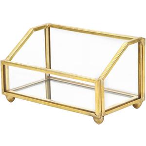 Hipiwe Glass Business Card Holder Stand, Gold Metal Frame Name Card Display Organizer, Office Desktop Countertop Business Cards Storage Holder, Fits 80-100 Business Cards