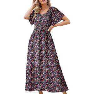 Dokotoo Womens Dresses 2025 Square Neck Tie Backless Summer Dresses Cap Sleeve Floral Buttoned Empire Waist Maxi Dress (L)