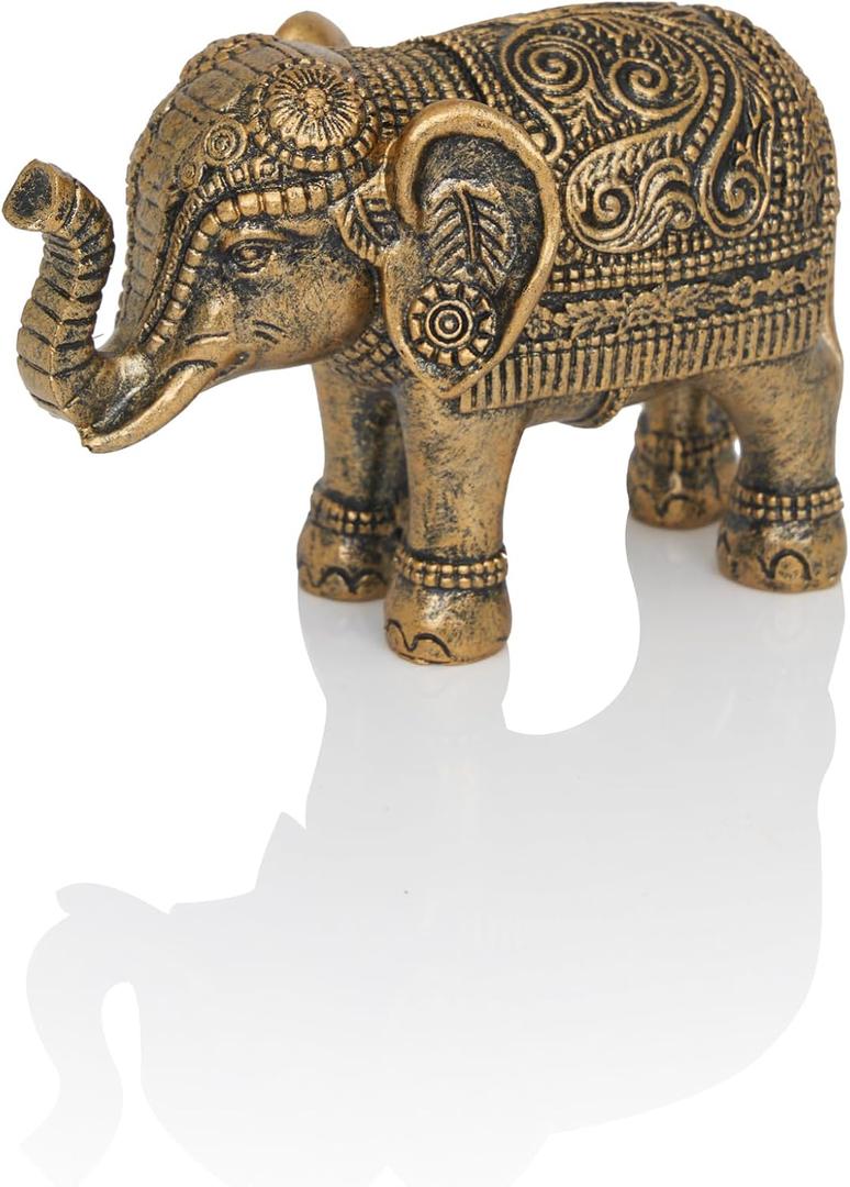 Small Elephant Statue Home Decor, Symbol of Luck and Prosperity, 4 inch Resin Antique Gold Accent Good Lucky Elephant Housewarming Gifts for Women Men Office Desk Decoration