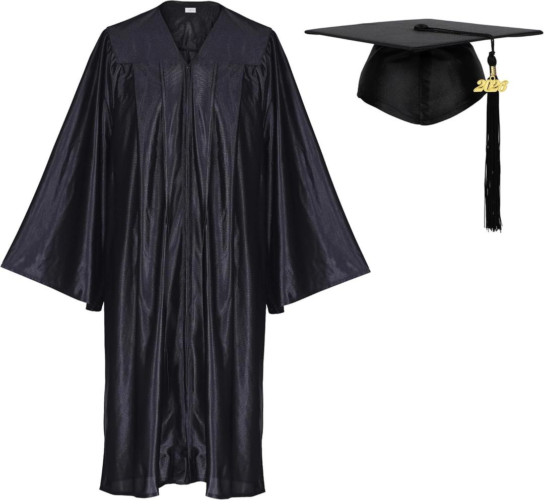 Newrara Adult Shiny Graduation Cap and Gown Tassel Set for High School & Bachelor (45 Plus, Black)