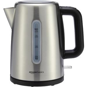 Amazon Basics Electric Stainless Steel Kettle for Tea and Coffee, BPA-Free, Fast Boiling, Auto Shut-Off, Boil-Dry Protection, 1.7 Liter, 1500W, Black and Silver