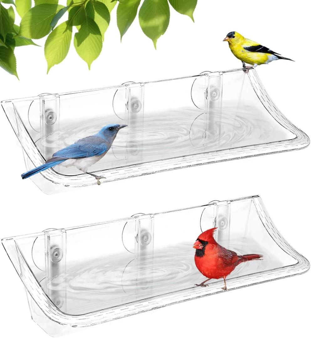 Clear Bird Bath Bird Feeder for Outside Window Glass, Transparent Birdbath with Strong Suction Cups for Viewing, Bird Watching Gifts for Elderly Parents, 2 Packs