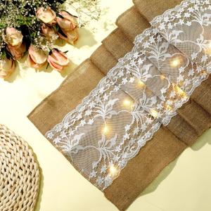 Tiamon 2 Pieces Burlap Table Runner with LED String Lights Burlap Lace Vintage Table Runner Rustic Country Thanksgiving Christmas Holiday Wedding Decoration Farmhouse Decor, 12 x 71 Inch