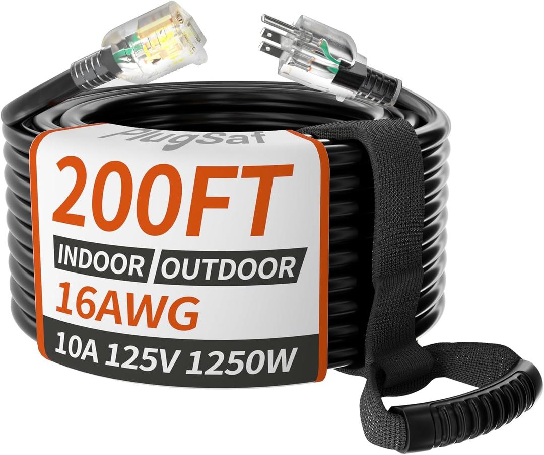 200 ft 16 awg Outdoor Extension Cord Black, Cold Weatherproof -58F, Flame Retardant, Flexible 3 Prong Electric Cord Waterproof for Lawn Office,10A 1250W 16AWG SJTW