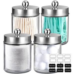 Amolliar 2Pc Apothecary Jars Bathroom Vanity Storage Organizer Set -Countertop Canister with Stainless Steel Lids &Stickers - Qtip Dispenser Holder for Qtip,Cotton Swab,Makeup Sponge (Brushed Nickel)