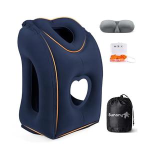 Sunany Travel Pillow, Upgraded Plane Pillow for Long Flights, Inflatable Neck Pillow Used for Airplanes,Cars,Buses,Trains,Office Napping with Eye Mask,Earplugs (Blue)