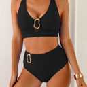 Herseas Women's High Waisted Bikini Sets Crisscross Back Swimsuit V Neck Metal Ring 2026 Summer Bathing Suit Beachwear (Black, L)