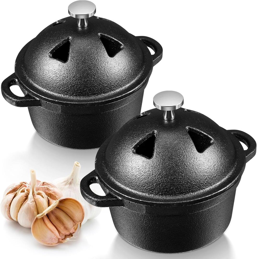 2 Pcs Garlic Roaster Baker Cast Iron Dutch Oven Pre-seasoned Cast Iron Pot 8 oz Mini Cocotte with Lid and Handle Small Black Potato Garlic Baker for Oven BBQ Grill Kitchen Outdoor