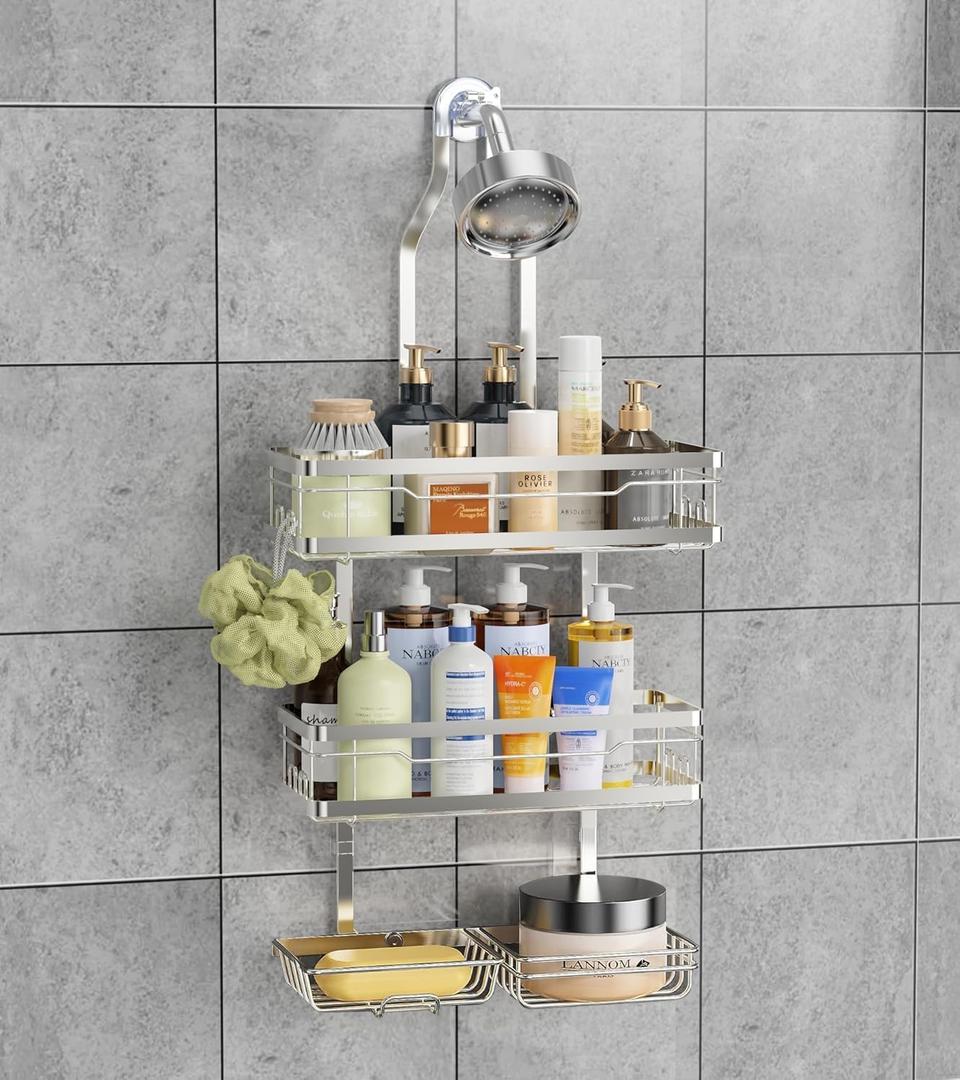 OMAIRA Shower Caddy Hanging with Soap Scrub Holder, Stainless Steel Adjustable No Drilling Non-Slip Large Capacity Sturdy Over Shower Head Shower Organizer Inside Shelves Bathroom Storage Rack, Silver