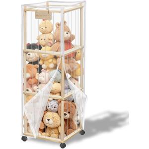 yofit 56" Stuffed Animal Storage Organizer with Wheels, Plush Storage Wooden ZOO with Removable Dust-Proof Cover for Playroom Bedroom Living Room Kids Room, 16 inches x 16 inches x 56 inches