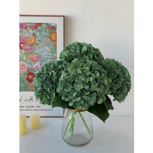 YalzoneMet 4Pcs Dark Green Silk Hydrangea Artificial Flower Big Blooms 20'' Long Stem Vintage Faux Hydrangea Flower Bouquets for Home Party Indoor Outdoor Boho Table Centerpiece Decor