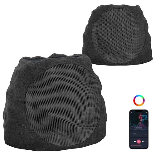 JMJEAN Outdoor Speakers Bluetooth Waterproof Patio TWS Connection Outdoor Bluetooth Speakers Wireless Solar Powered and Rechargeable Rock Speaker for Patio Pool, Backyard (Black, 2 Pack)