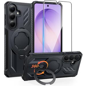 FNTCASE for Samsung Galaxy S26 Case: with [Magnetic Ring Kickstand] [Screen Protector] [Compatible with MagSafe] [Military-Grade Drop Protection] Dual-Layer Protective Textured TPU Phone Cover Black